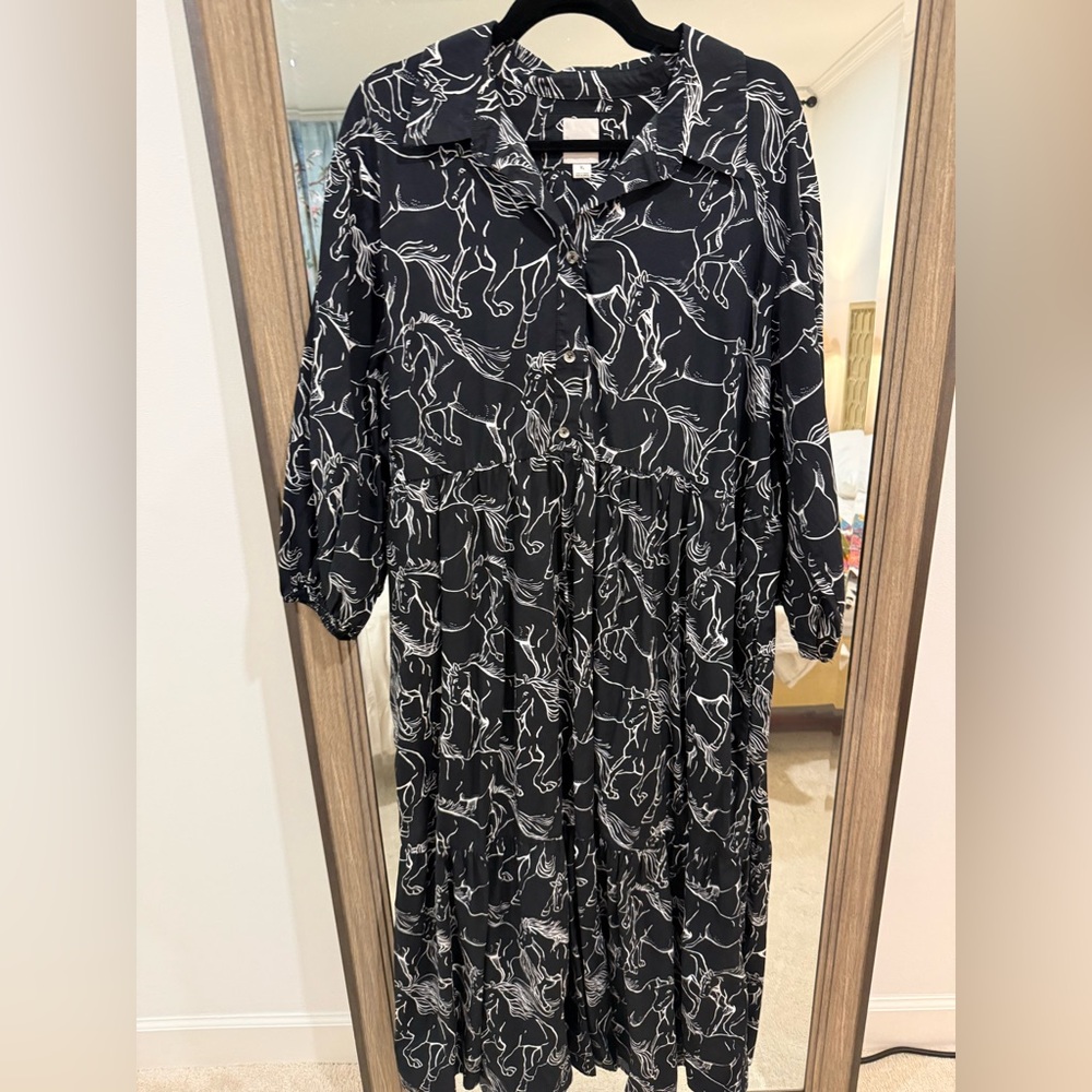 Anthropologie Maeve Bettina Tiered Shirt Dress Size XL Black Horse Print
